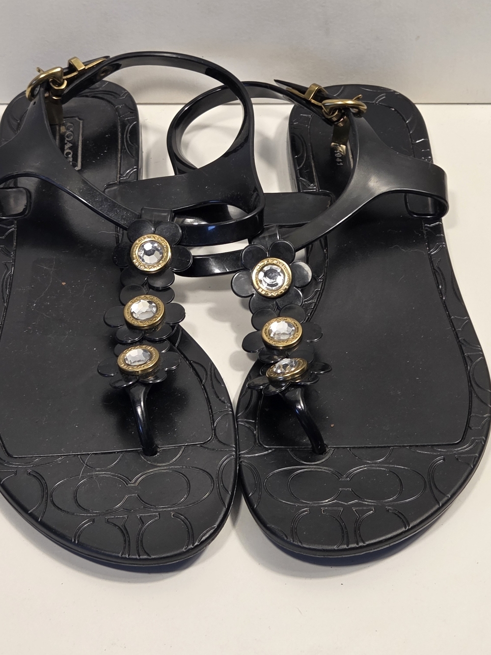 Coach Black Jeweled Floral Toe-Post Sandals